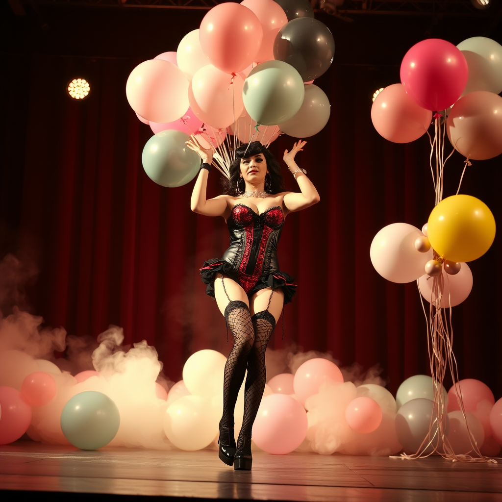 burlesque dancer on stage with a load of balloons