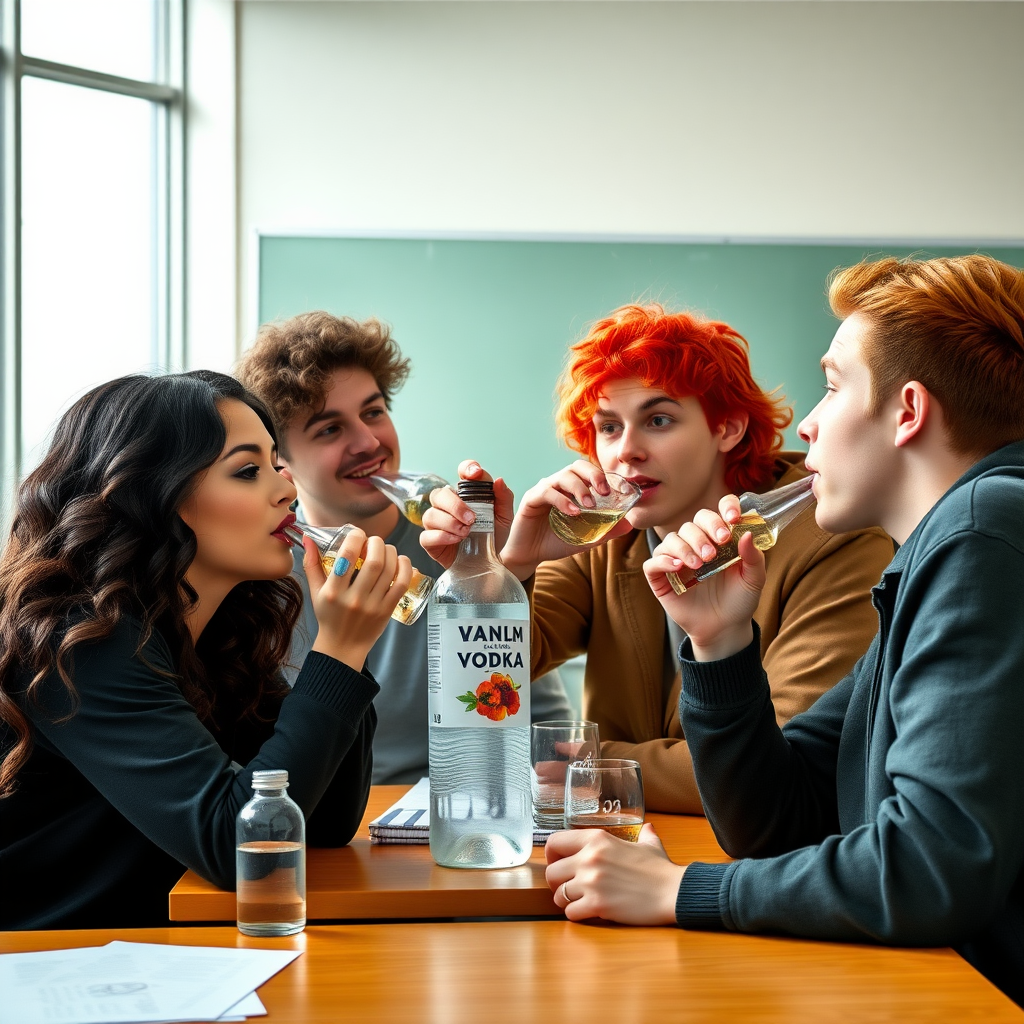 A Black girl with wavy hair, a curly red-haired guy, a brown-haired guy, a non-binary person with red hair, all drinking a bottle of vodka together in a classroom at school during a class.