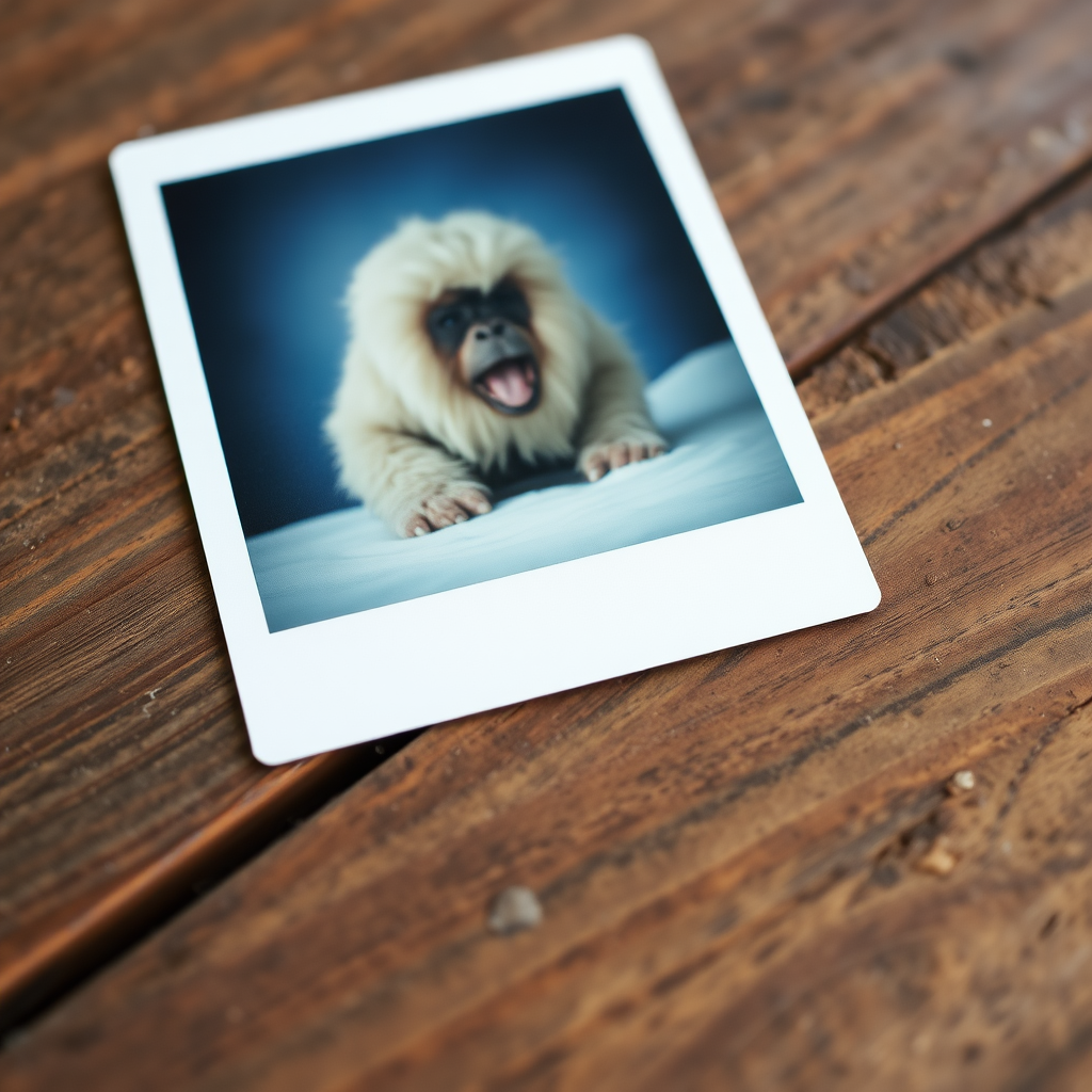 Polaroid photo of a yeti, it is blurry. The Polaroid is lying on an old wooden table.