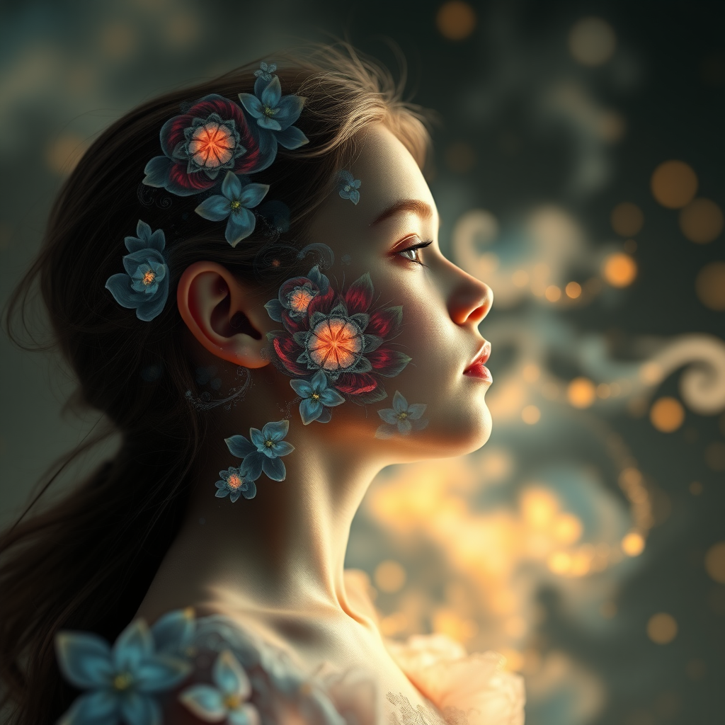 preteen girl in dynamic pose, in profile, abstract, mandelbulb fractal, ultra-detailed, dynamic composition, artistic photograph, fractal, brilliant colors, glittering, translucent, opal, gold, romanticism, sharp focus, floral, mother of pearl, iridescent, clouds, natural, glowing, Bokeh