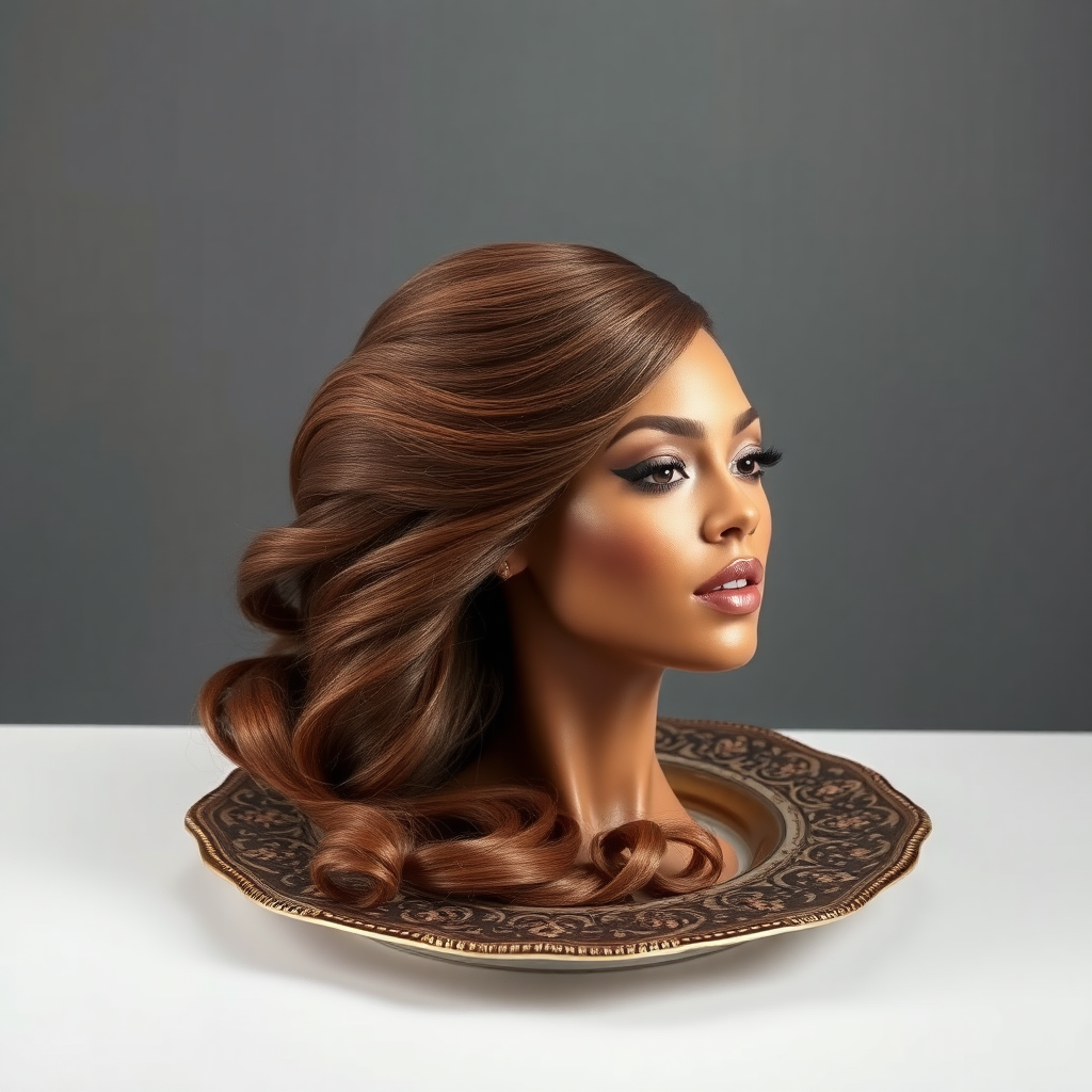 In a surreal and striking scene, the elegantly styled disembodied head of a stunningly beautiful Beyoncé rests gracefully on an ornate, luxurious plate, which is carefully placed on a simple, understated table. Her very long, flowing hair cascades like a rich waterfall of silky, rich brown locks, framing her exquisite face and accentuating her radiant, flawlessly glowing skin. The delicate contours of her chin rest lightly against the polished surface of the plate, lending an unexpected intimacy to the bizarre presentation.

The background is a muted, plain gray, casting an air of modern minimalism that contrasts dramatically with the lavishness of her appearance. Soft shadows play across her features, highlighting the subtle high cheekbones and perfectly shaped lips, which seem poised for a soft smile. The atmosphere feels both elegant and eerie, inviting intrigue and contemplation as viewers are drawn into this surreal artistic tableau, where beauty and the absurd collide in unexpected harmony.