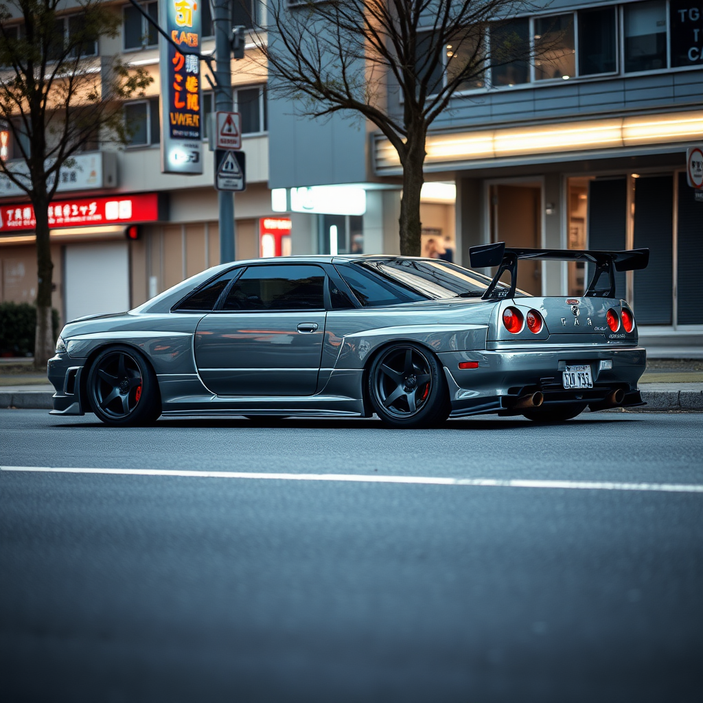 The car is parked on the side of the road, inspired by Taiyō Matsumoto, tumblr, restomod, nd4, c4 metallic shine gray black nissan skyline r34 tokyo gece cosplay kadınlar arkaplan hatasız tam eksiksiz ayrıntılı genel gerçek detaylar en iyi fotoğraf poz