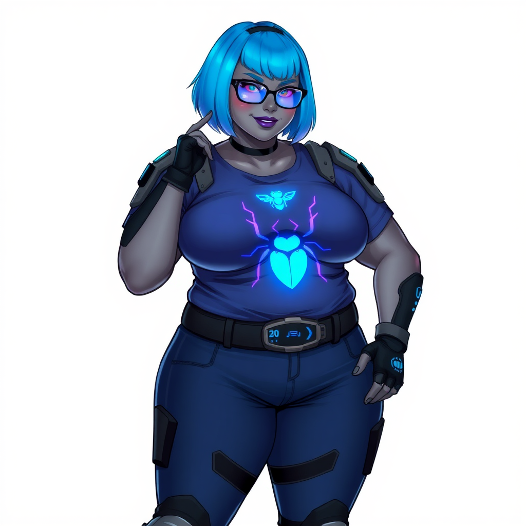 A 28-year-old, full-figured, metallic middle gray skinned computer program hybrid with a maximum blue bob cut. She has a non-athletic build, highlighted by a prominent, round, large midsection (with heavy emphasis on her belly), reflecting her new eating habits. As the full-figured, nerdy, digital sidekick to her cyberpunk vigilante boyfriend, her middle gray metallic skin and maximum blue lipstick emphasize her digital essence. She wears a high-tech, computerized costume, consisting of a large, tight-fitting, maximum blue t-shirt with a neon blue glowing chest icon of a beetle, advanced shoulder pads with neon blue accents, a black high-tech belt with a digital neon blue glowing buckle, digital maximum blue biker pants with neon blue accents, and black high-tech biker gloves with neon blue glowing accents. Her neon blue glowing eyes, black eyeglasses with neon blue glowing lenses featuring a built-in HUD, and shy smile with neon red blush accentuate her nerdiness. She stands bashfully with one hand behind her back and the other hand gently touching her cheek, her costume covering all her skin and emphasizing her full-figured physique (especially her belly). She is clearly non-athletic, with a focus on her full-figured physique. Despite her build, she radiates beauty. She has a slim face compared to her physique, accentuating her radiant beauty. She is on a solid white background. She is drawn as if she were in a retro 2D cyberpunk fighting game.