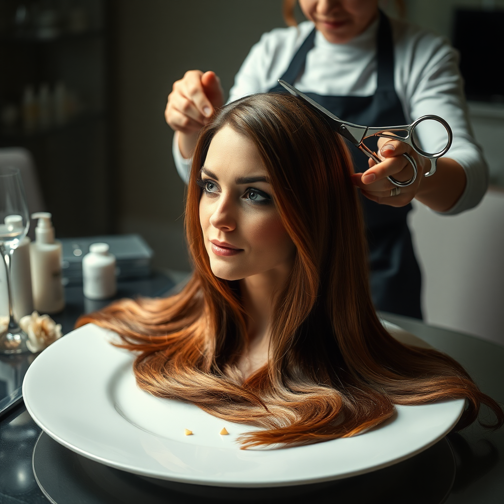 In a bizarre, surreal tableau, the polished surface of an elegant dining plate cradles the disembodied head of a strikingly beautiful Kate Middleton, her long, flowing hair cascading like a glossy waterfall of deep chestnut and honey highlights. The hair is luxuriously arranged, strands shimmering under the soft, ambient light that bathes the scene in an ethereal glow.

A skilled hairdresser, clad in a sleek black apron, stands poised with a pair of gleaming scissors, carefully trimming the endlessly luxurious locks that frame Kate's serene, almost ethereal features. The air is thick with the scent of salon products mingling with delicate hints of floral fragrances, creating an unusual yet strangely inviting atmosphere. The hairdresser's focused expression reveals a meticulous dedication as snippets of hair fall gracefully onto the pristine plate, echoing a sense of both artistry and absurdity.

The overall emotional tone conveys a dreamlike quality, inviting viewers to ponder the juxtaposition of beauty, identity, and the bizarre circumstances that bind them in this extraordinary moment.