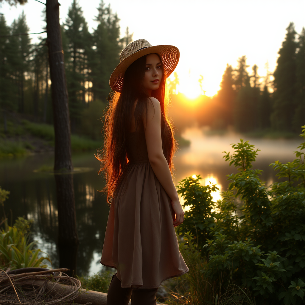 a young woman posing next to a lake in a forest. long brunette hair. she is wearing a dress, boots, and a wide straw hat. looking to the side. the sinking sun is falling through the trees. a little fog is rising from the lake. light like in fairy tale. photo