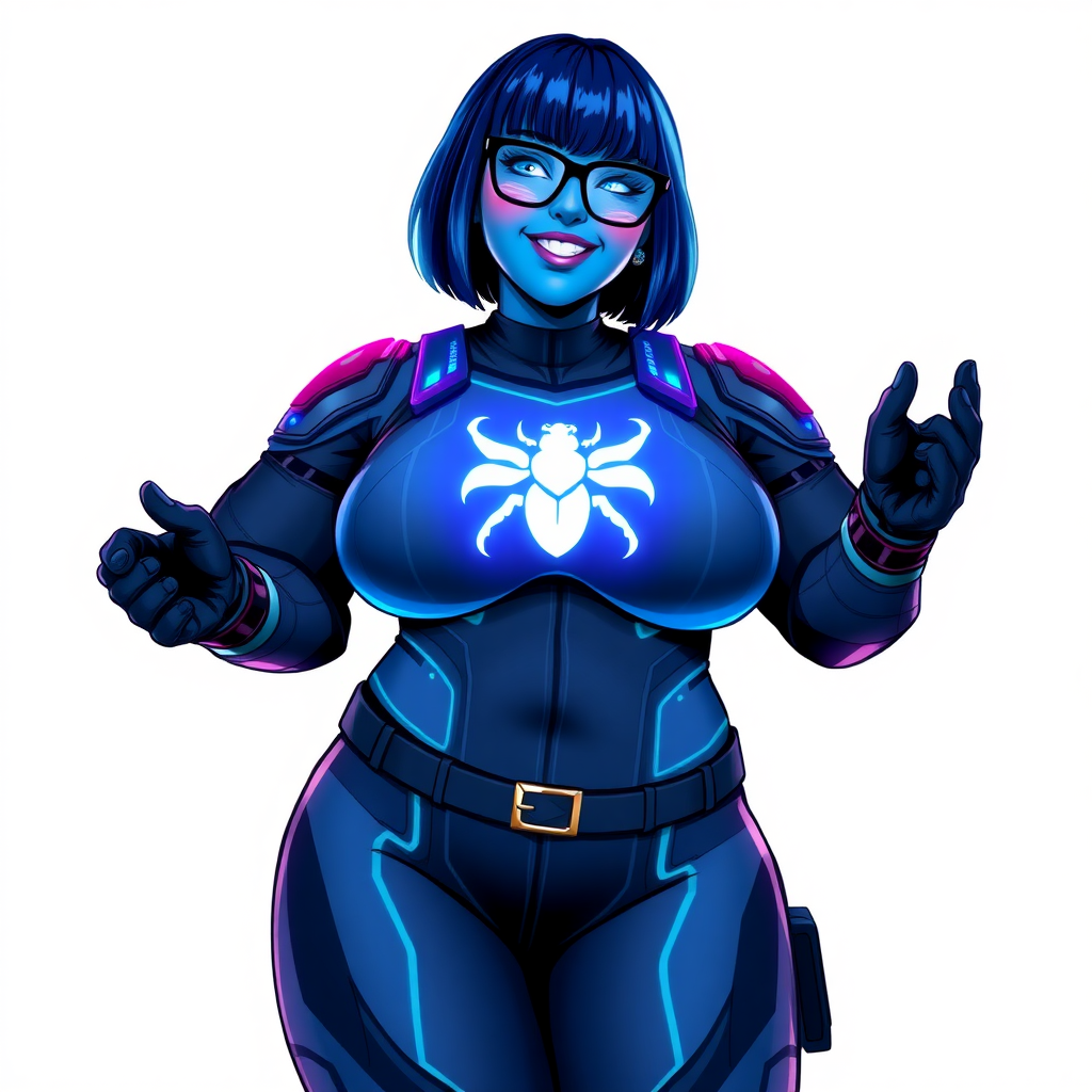 A full-figured 29-year-old computer science major, now transformed into a full-figured, maximum blue skinned nerdy digital sidekick for a cyberpunk vigilante, with maximum blue skin. Her bob cut seamlessly blends with her skin, forming part of her data, and her neon blue eyes glow intensely. Her full figure is defined by a prominent, round, wrecking ball-sized midsection, sequoia-sized limbs, and broad shoulders. As a loyal and supportive sidekick, she plays a crucial role in their missions, using her digital skills to assist and protect.

She wears a digital, computerized biker suit that blend with her hair and skin (appearing to merge together as computer data), featuring a maximum blue coloration and a neon blue glowing beetle chest icon, along with matching high-tech gloves. She bashfully giggles with a neon red blush, emitting neon blue data cubes from her body, set against a solid white background. Heavily pampered by her doting boyfriend, her full figure clearly shows this care. She has the ability to hack into computers and machines, and her nerdiness is blatantly obvious with her black oversized eyeglasses. Her full figure (especially her wrecking ball-sized midsection) is prominently displayed and heavily emphasized. Her outfit is influenced by DC’s Jennifer Knight Phantom Lady but remains distinct. She is drawn as if she was in a retro 2D cyberpunk fighting game. Ensure her skin tone is distinct from Inside Out's Sadness from any other character. Her proportions are bloated to emphasize her full figure.