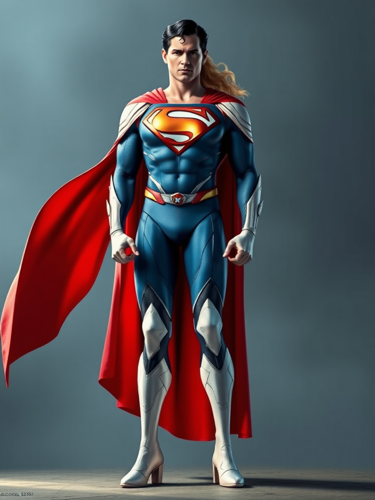 Generate a full-length image of Superman with the body attributes of Emma Frost. Retain Superman's core costume but incorporate embellishments and elements from Emma Frost's attire. The background should be an appropriate setting for both characters.

**Character Specifications:**

* Superman: Body attributes of Emma Frost
* Emma Frost: Embellishments and elements incorporated into Superman's costume

**Background Setting:**

Appropriate for both Superman and Emma Frost

**Image Resolution:**

Full-length

**Character Poses:**

Natural and dynamic

**Color Palette:**

Vivid and vibrant

**Lighting:**

Dramatic and atmospheric

**Additional Notes:**

* Maintain the iconic elements of Superman's costume, such as the cape, tights, and boots.
* Incorporate Emma Frost's signature diamond-shaped headpiece and form-fitting suit.
* Choose a background that reflects the intersection of Superman's and Emma Frost's world.