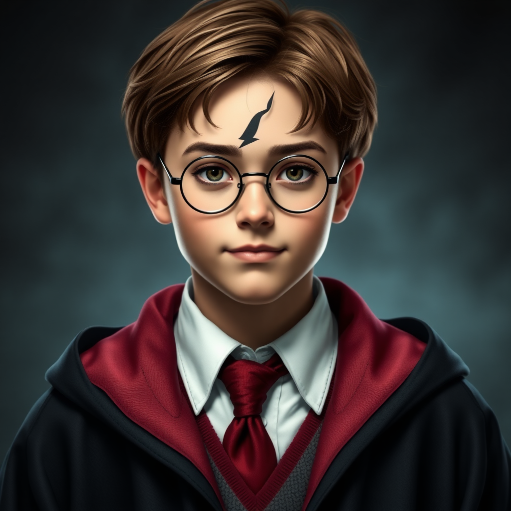 create an image of a boy wizard with a small scar shaped like a lightning bolt on his forehead, he's 14 years old with brown hair and glasses and wears a white button up shirt and a black robe and maroon tie. make it photorealisic