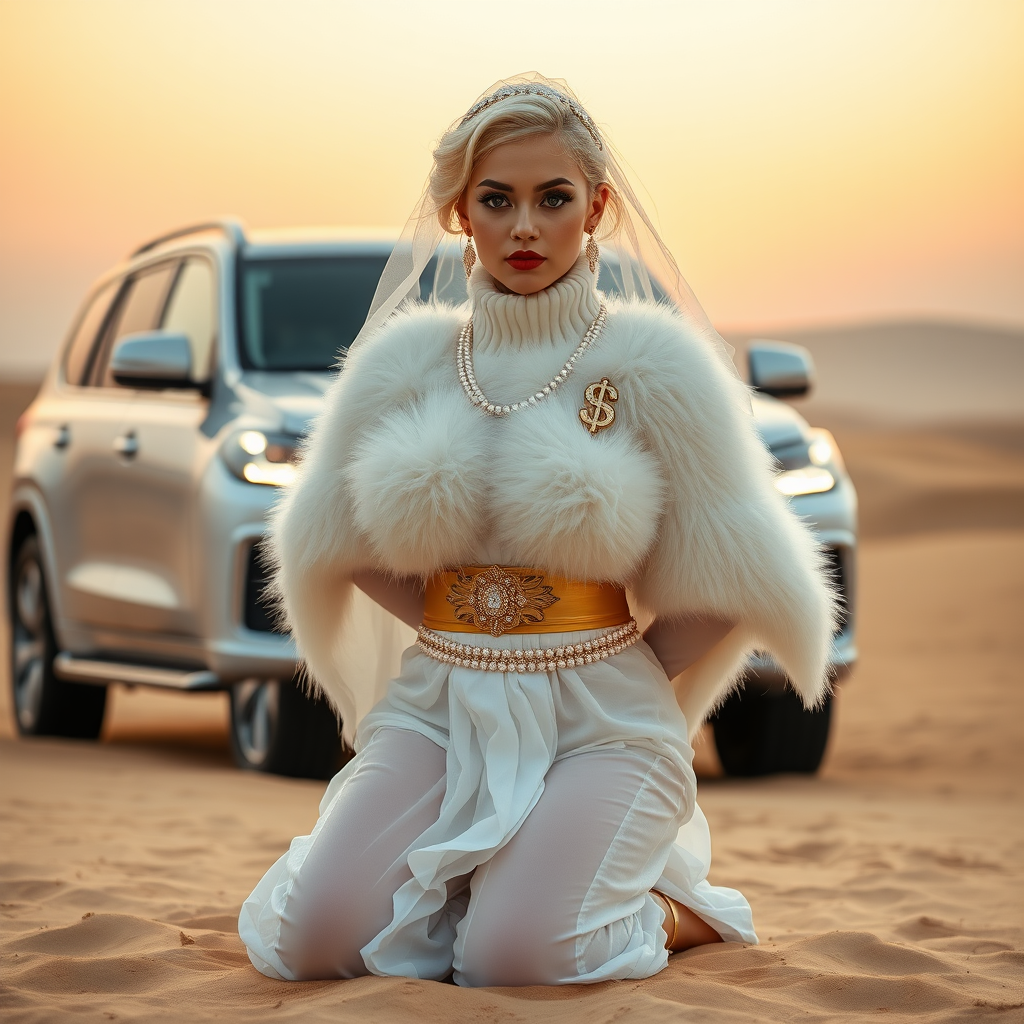 Kuwait desert dunes misty dawn, full size luxury SUV: Melissa, European 17 years old very convincing femboy “trophy-bimbo”, tamed servile docile, very beautiful feminine flawless face, rather short, by hormones very curvaceous womanly figured, platinum blond short tight curls, bold red lips, heavily made-up face, wearing Supertanya-style fluffy very fuzzy bright white angora turtleneck-poncho cropped ending under bust decorated with pearls and gemstones, striking oriental wide gold bridal protection belt, white fully transparent harem pants, full Oriental bridal jewelry including headpiece, Battoulah face veil, coin anklets, striking diamond “$$$” letter brooch on left chest, pout frustrated, hands tied behind back, kneeling in sand in front of SUV, looking at camera. Focus on face and turtleneck-poncho.