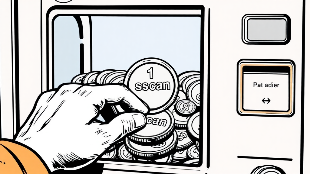 A comic of a hand placing one token with the engraving "1 scan" in a coin machine  
In the style of a comic icon in black ink only