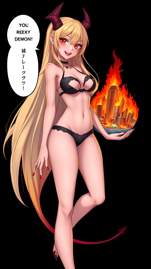 Anime, Black background, A mischievous tall-slender demon girl, perfect, red lips, long blond hair, wearing sexy-micro bikini-bra-like clothing, g-string, Womb tattoo on belly, mischievous smile, large breast, full body, long-legs, looking at viewer, speech bubble with a burning-city, holding the earth