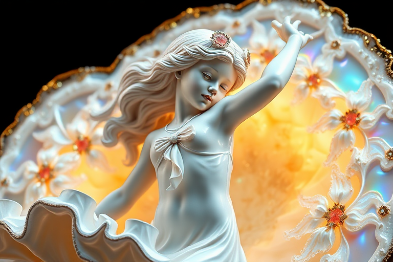 preteen girl statue in dynamic pose, porcelain doll, mandelbulb fractal, ultra-detailed, dynamic composition, artistic photograph, geode, alabaster, fractal, brilliant colors, glittering, illumination, transparency, translucent, opal, turquoise, gold, romanticism, sharp focus, pottery, floral, mother of pearl, iridescent, reflective, glossy