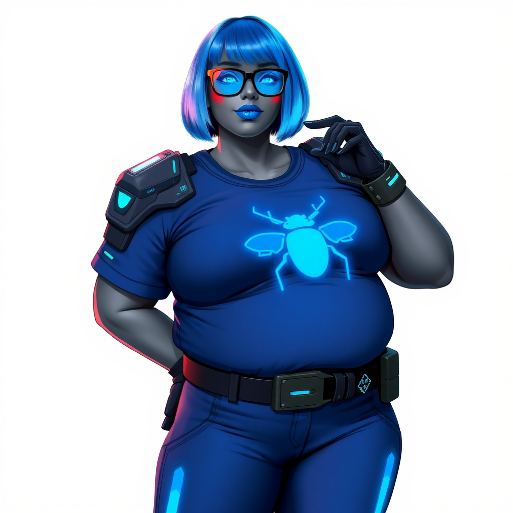 A 28-year-old, full-figured, metallic middle gray skinned computer program hybrid with a vibrant maximum blue bob cut. She has a non-athletic build, highlighted by a prominent, round, large midsection (fully emphasizing her round large belly) while being covered by her large t-shirt, reflecting her new junk food eating habits influenced by her boyfriend. As the full-figured, nerdy, digital sidekick to her cyberpunk vigilante boyfriend, her middle gray metallic skin and maximum blue lipstick underscore her digital essence. She dons a digital, computerized outfit: a large, tight-fitting, high-tech, maximum blue t-shirt with neon blue glowing beetle themed accents complete by a giant neon blue glowing beetle icon on the chest, hi-tech shoulder pads with neon blue accents, a black hi-tech belt with a digital neon blue glowing buckle, digital maximum blue pants with neon blue accents, and black hi-tech gloves with neon blue glowing accents. Her neon blue glowing eyes, black eyeglasses with neon blue glowing lenses equipped with a built-in HUD, and shy smile with neon red blush highlight her nerdiness. She stands bashfully with one hand behind her back and the other gently touching her cheek, her outfit covering all her bare skin and fully emphasizing her full-figured physique (especially her large belly). She is clearly non-athletic, with a heavy focus on her full-figured physique (with full emphasis on her large belly). Despite her build, she radiates beauty. Her slim face contrasts with her physique, accentuating her radiant beauty. She is set against a solid white background. She is drawn as if she were in a retro 2D cyberpunk fighting game.