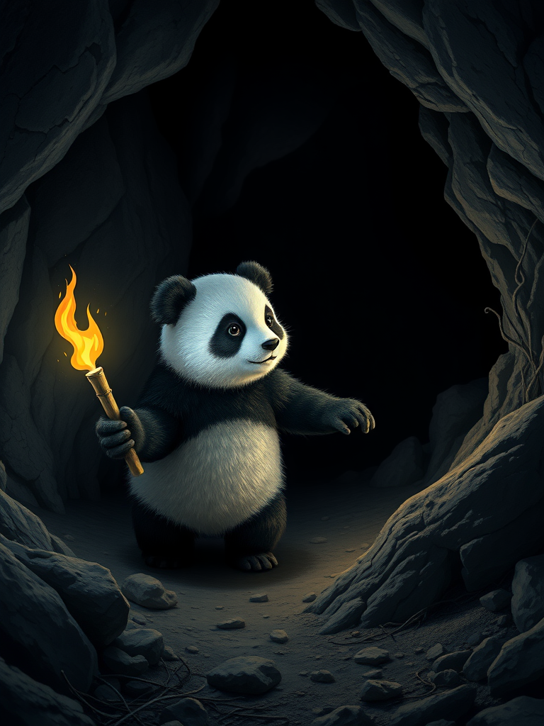 A photorealistic picture of a panda holding a torch while exploring a dark cave.