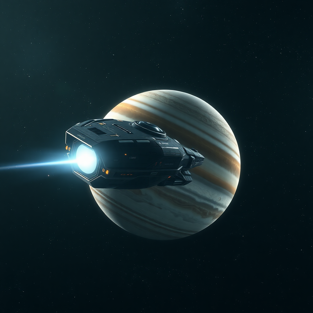 A cool-shaped spaceship is passing slowly on the periphery of Jupiter, the hull is shining with technological light, the surface texture of Jupiter is clearly visible, surrounded by the vast starry sky, sci-fi style, mysterious light, backlight, panoramic perspective.