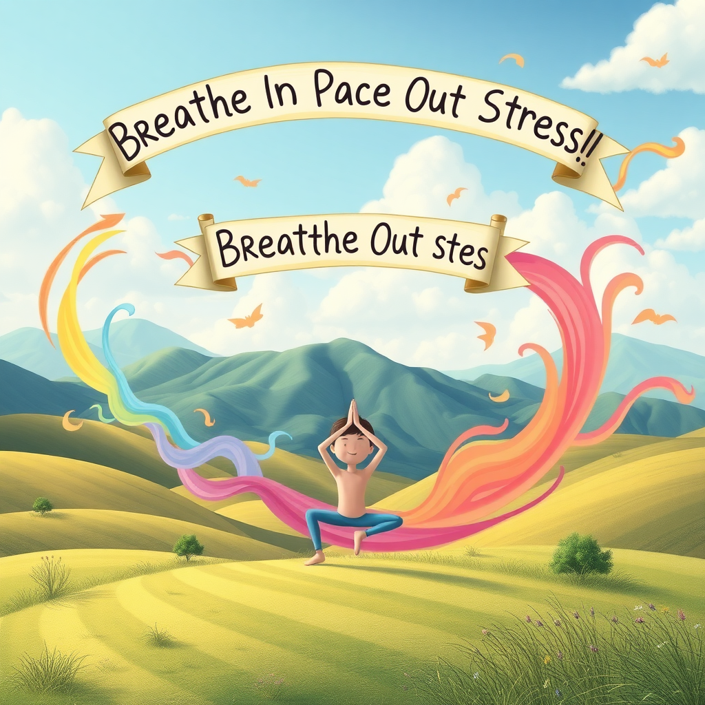 An imaginative scene of a serene landscape with a character practicing yoga, surrounded by colorful air currents swirling around, and a banner overhead reading, "Breathe In Peace, Breathe Out Stress!"