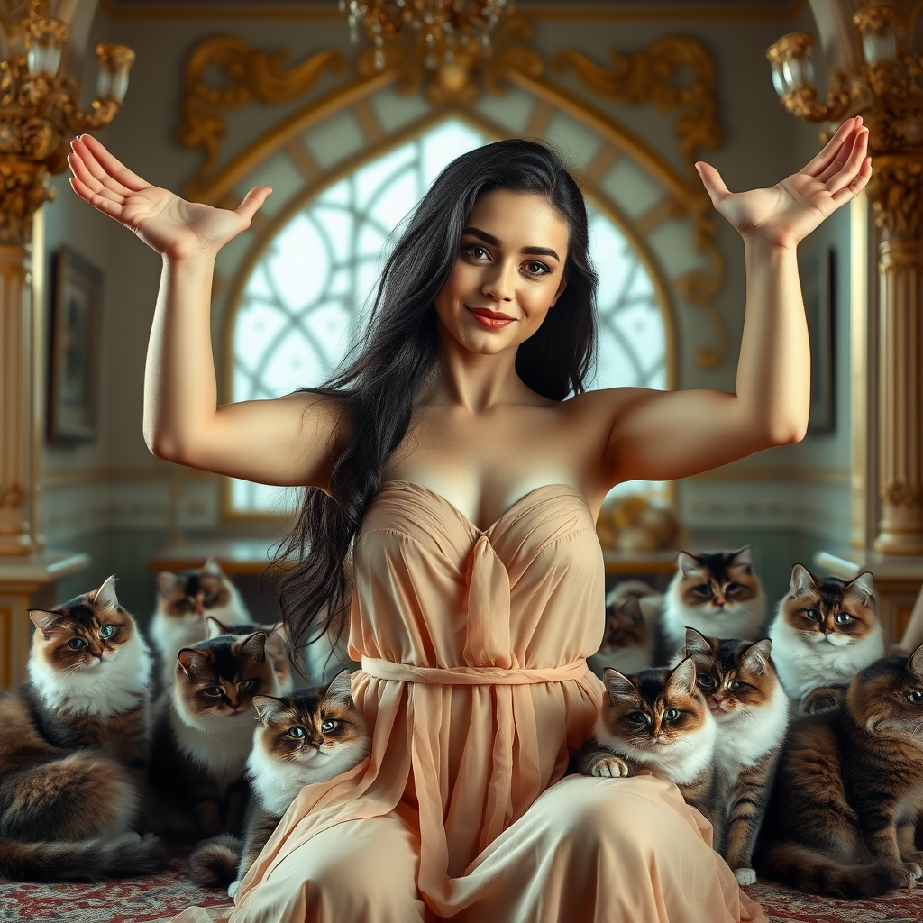 Imagine: Envision a sweet and charming witch with a normal human face, both arms raised in a welcoming gesture towards the viewer. She's dressed in a flowing, diaphanous strapless negligee that showcases her refined armpits. In one hand, she grasps a simple yet elegant athame. The scene is set in a warmly lit, ornate chamber with soft pastel colors and golden accents. Several real, fluffy Siberian cats are gathered around her, playing and snuggling with each other, their fur fluffed and their eyes bright. Her dark hair cascades down her back, unadorned and unencumbered by any headpiece or hat. The atmosphere is thick with warmth and kindness, inviting the viewer to step into her cozy and enchanting realm.