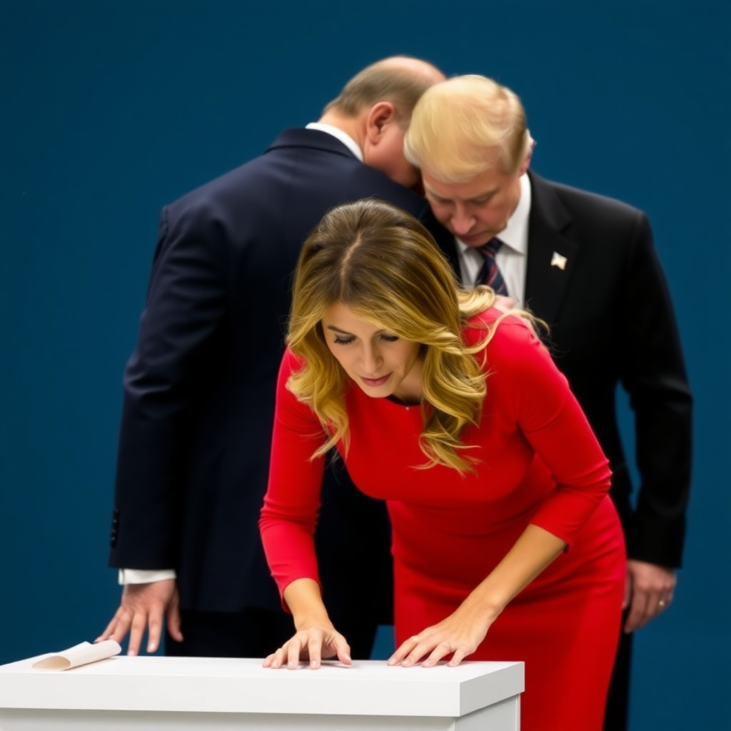 Melania Trump wearing tight red top, bending over small desk, Vladimir Putin behind her bending her back with his hand and he is facing the same direction as she, both are looking toward the camera in front of them.