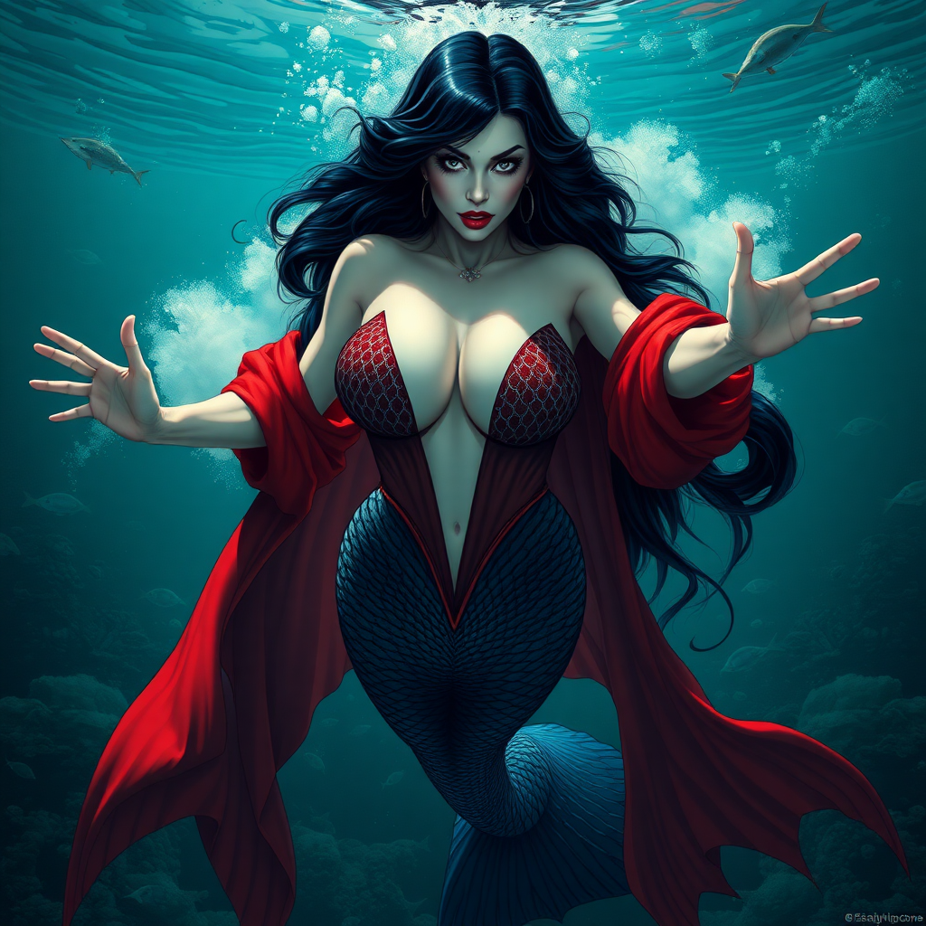 Vampirella as a mermaid, her huge as 500% teardrop shaped décolletage as 500% overflowing her loose fitting bodice as she swims down underwater directly towards as 500% the viewer. She maintains intense eye contact. Her long hair floats like a nimbus cloud. Her arms are reaching out towards you. She is deep under the sea surrounded by aquatic life. It is a highly detailed DSLR Photograph.