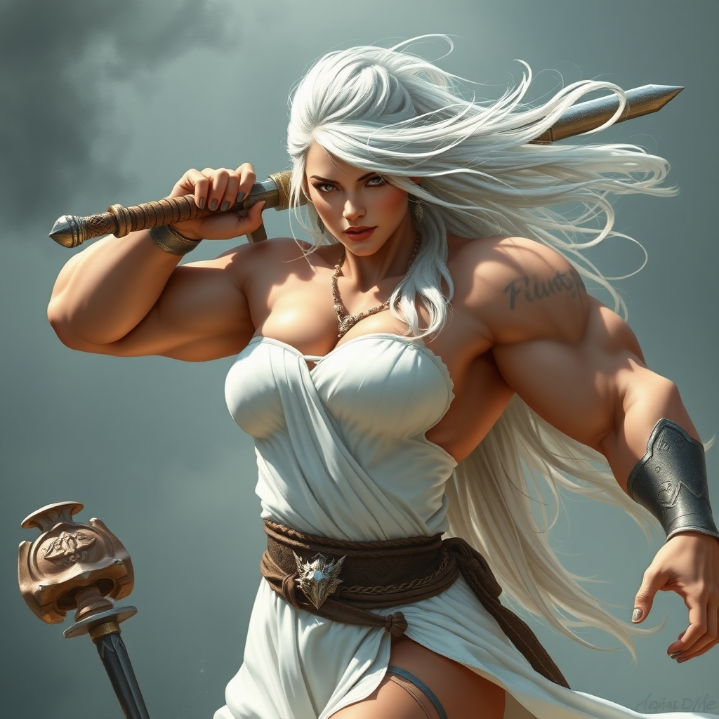 massive huge muscular jacked strong bodybuilder girl, white strapless dress, warrior princess, white hair, wind on hair, sword