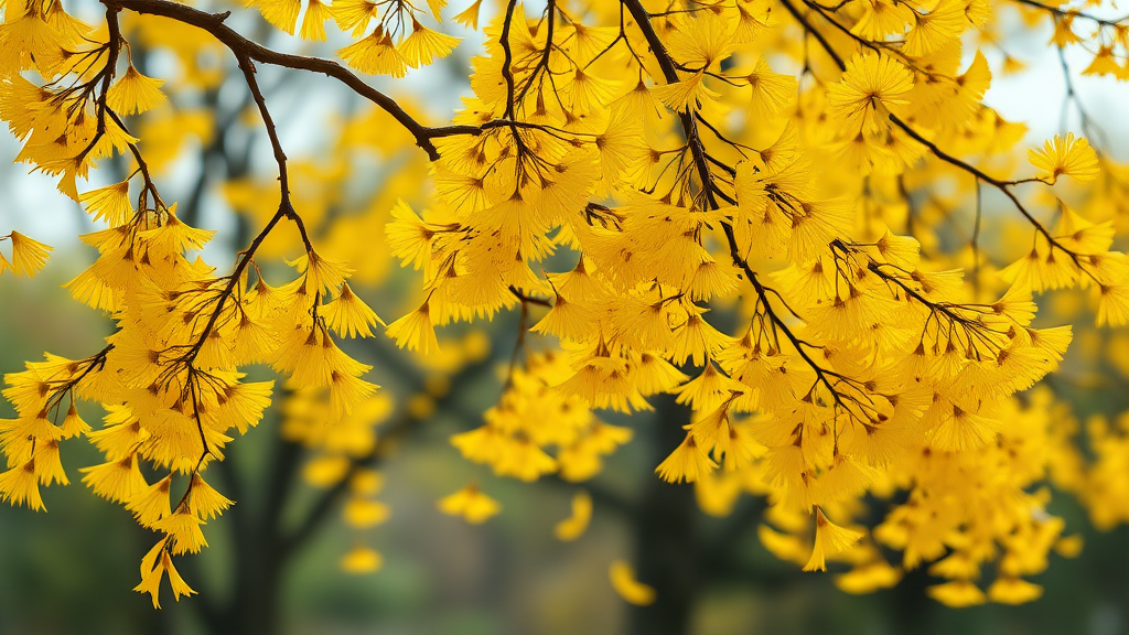 A realistic yellow ginkgo tree, with ginkgo leaves falling at the bottom and the background expressed in out-focusing.