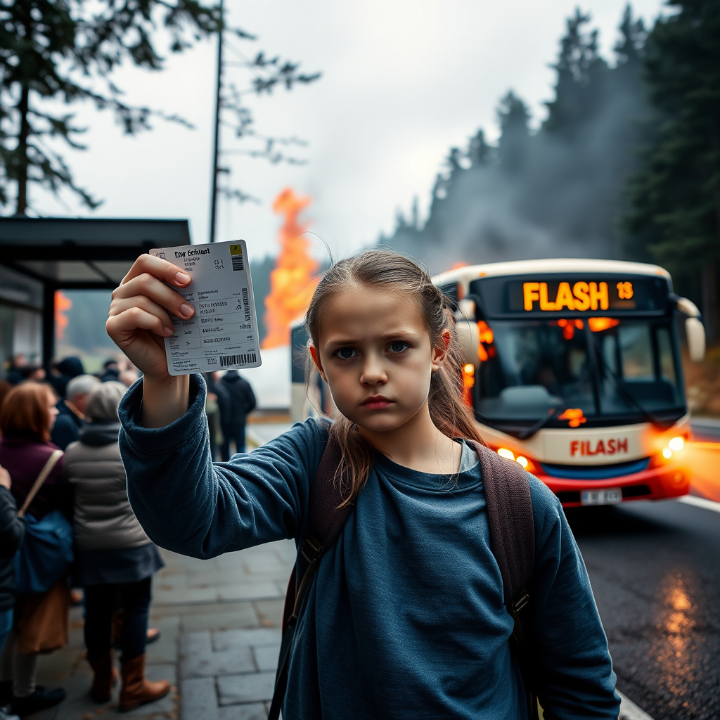 photo of a annoyed girl holding up a bus ticket. She stands at a crowded bus stop near a lake in the forest. In the background, a bus labelled "FLASH" is speeding to the bus stop. The bus is burning and leaves traces of fire and oil.