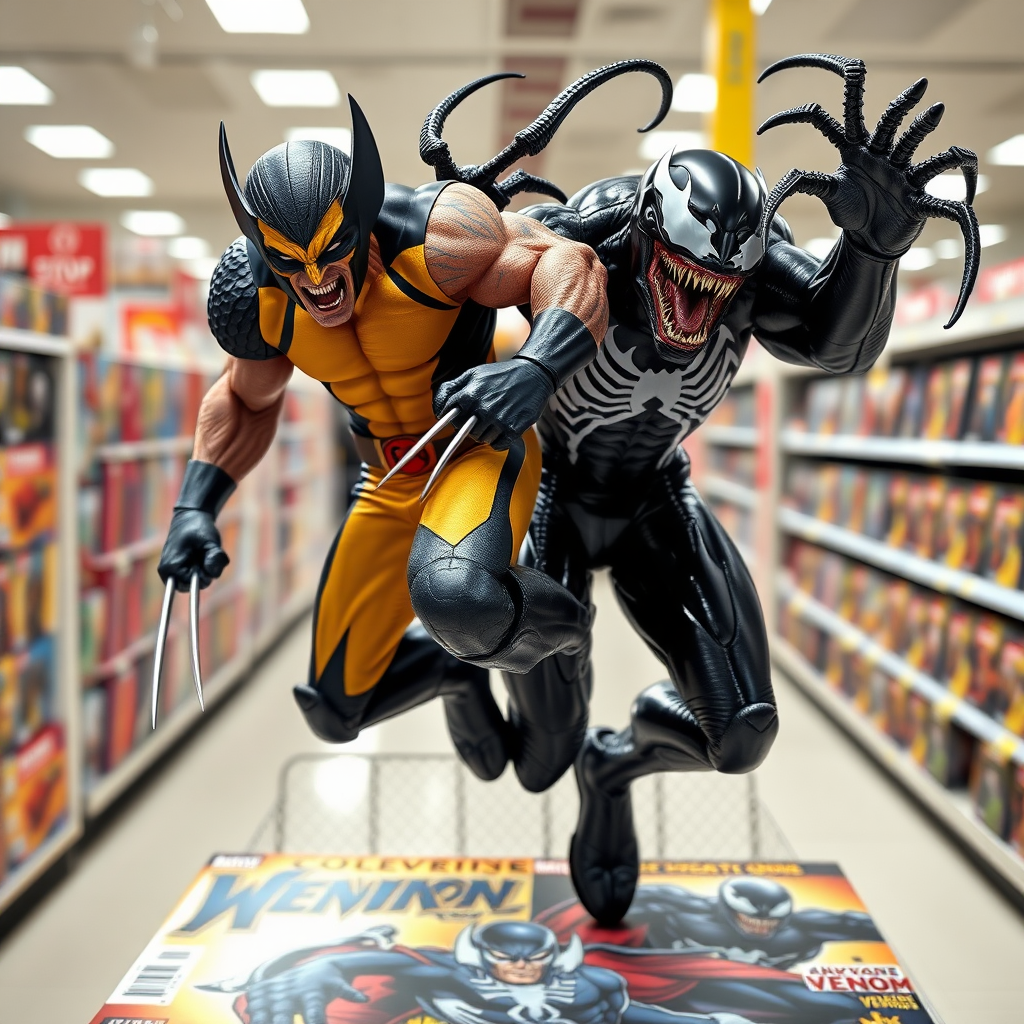 Jumping out of a Comic book cover on a store shelf is Wolverine and Venom. Wolverine has his 3 claws Venom in Cinematic Real3D photo-realistic quality.