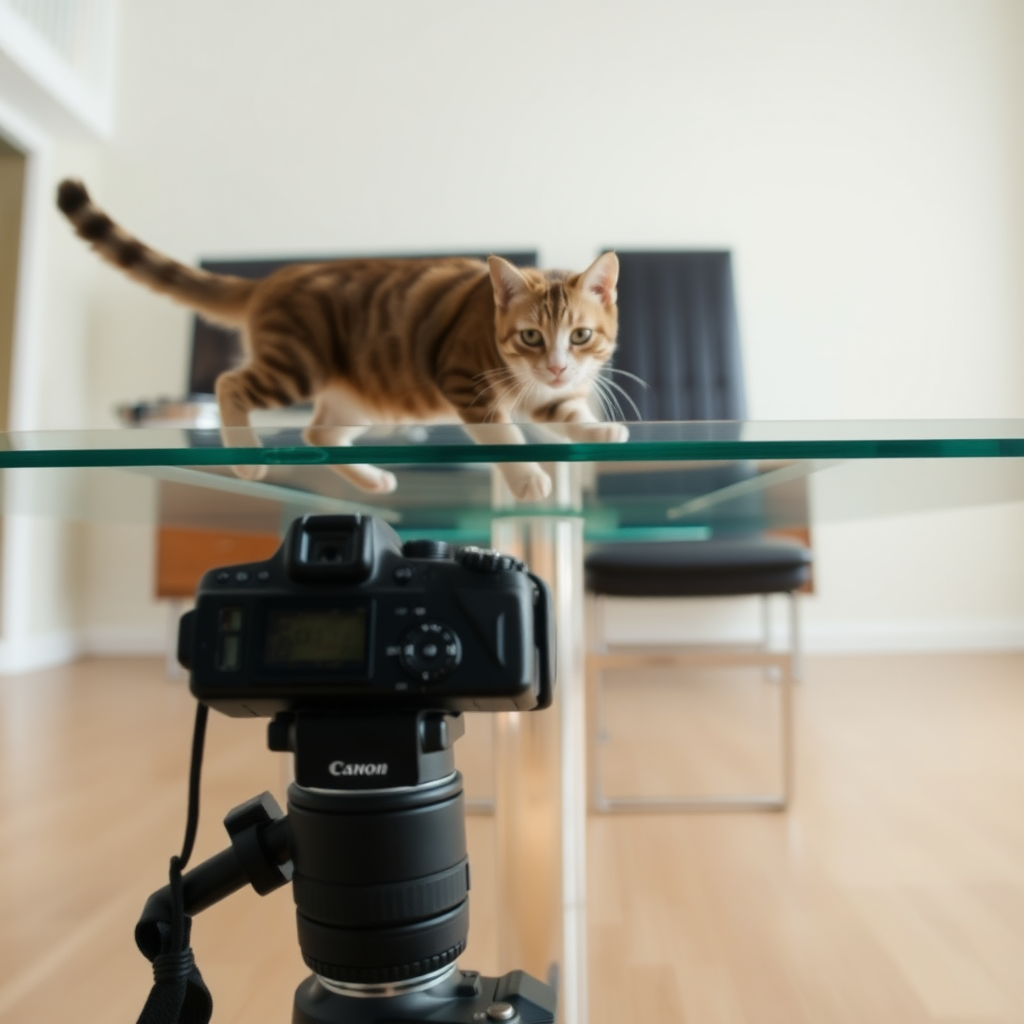 The camera is positioned directly beneath the transparent dining table, shooting vertically upwards at the transparent dining table, where a cat is walking on the table.