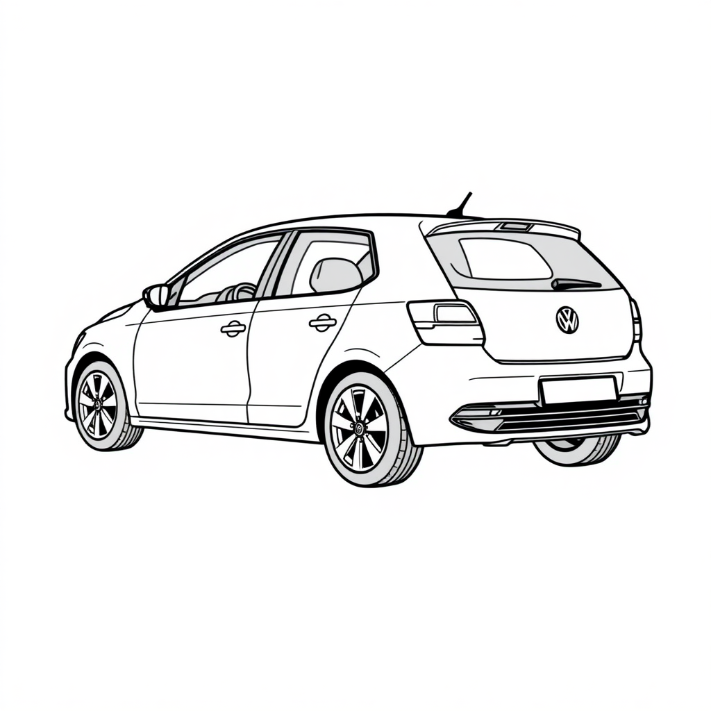 3 door white vw polo V car, long establishing shot, 2D, caricature, cartoon, Sketch lines, coloring book, coloring book style on white background, well composed, clean coloring book page, No dither, no gradient, strong outline, No fill, No solids, vector illustration, realistic proportions, left side view