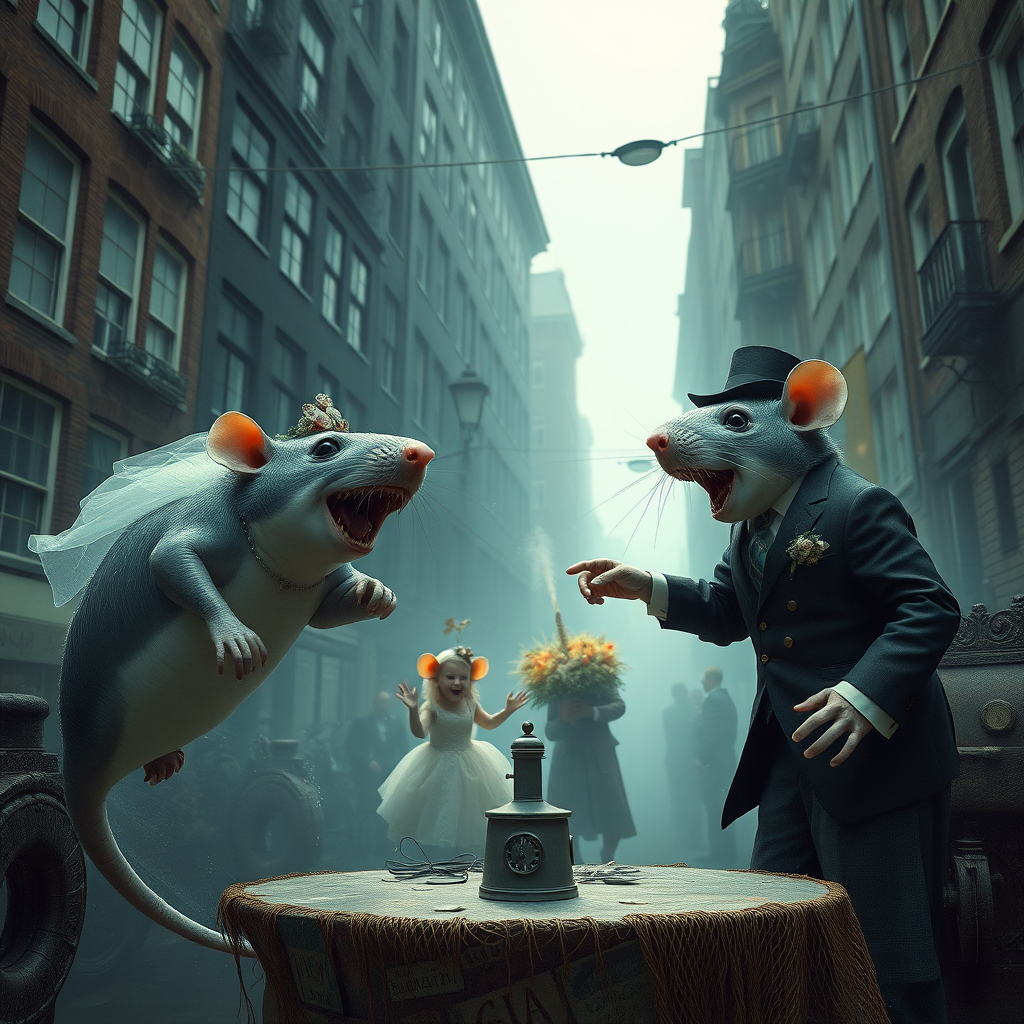 A rat wedding being attacked by hammerhead sharks, no text, Lovecraftian, in Amsterdam, steampunk, tacky