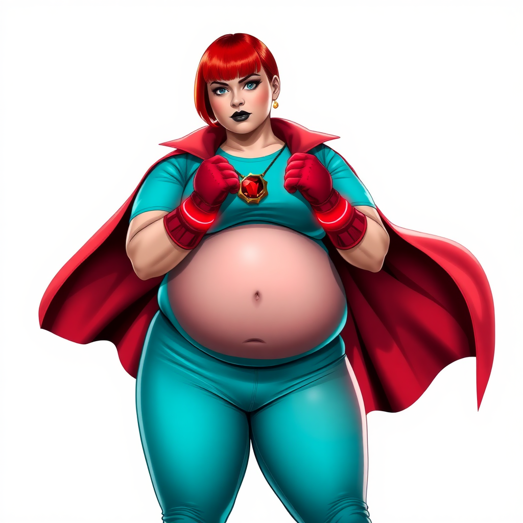 A 26-year-old, full-figured, magical girl vigilante detective becomes the heavily pampered mystical ally of her cyberpunk vigilante older brother figure. She has a bright red bob cut, black lipstick, and piercing bright blue eyes. She has a new non-athletic build, now highlighted by a prominent, round, gargantuan midsection (fully focused on her gargantuan belly), which shows the aftermath of her new pampered lifestyle. Despite her pampered physique, she shows full confidence. She wears a magical girl detective costume consisting of a gargantuan, magical, tight-fitting, maximum turquoise t-shirt (accentuating and emphasizing her gargantuan belly), maximum turquoise biker pants, complemented by a glowing neon red cape, a mystical ruby amulet (which is the source of her mystical powers), and magical red gloves glowing neon red. Her magical girl detective costume covers all her skin and emphasizes her full-figured physique (especially her gargantuan belly). Her stance is firm and resolute, arms crossed, exuding a no-nonsense attitude. Her costume reflects the influence of DC New 52 Prime Earth’s Phantom Lady, Jennifer Knight, while her pose embodies the moral ambiguity and determination reminiscent of DC’s Pax Americana’s The Question. She is on a solid white background. She is drawn as if she was in a retro 2D cyberpunk fighting game. She is clearly non-athletic, with a focus on her full-figured physique (especially her gargantuan belly). Make sure that her t-shirt covers all of her bare skin (especially her gargantuan belly).