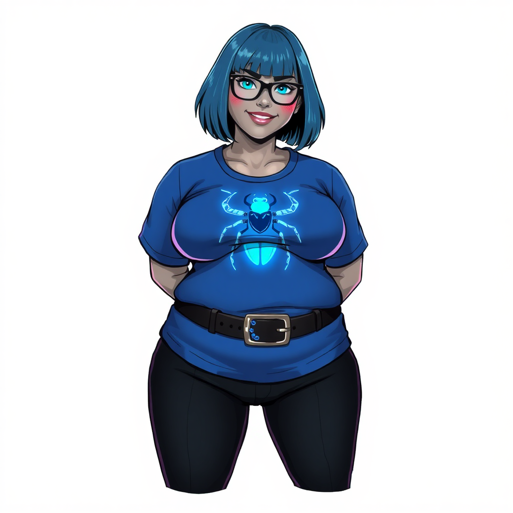 A 28-year-old, full-figured, metallic middle gray skinned computer program hybrid with a maximum blue bob cut. She has a non-athletic build, highlighted by a prominent, round, large midsection (with a full emphasis on her belly). As a digital sidekick, computer hacker, and nerdy girlfriend to her cyberpunk vigilante boyfriend, her middle gray metallic skin and maximum blue lipstick emphasize her digital nature. She wears a costume consist of a tight-fitting, maximum blue t-shirt (accentuating her large belly) with a neon blue glowing chest icon of a beetle, black pants, a black belt with a sapphire scarab buckle, and black gloves. Her bright blue eyes, black eyeglasses, and lovestruck smile with neon red blush accentuate her nerdiness. She stands bashfully with her hands behind her back, her t-shirt covering all her skin (especially her large belly) and emphasizing her full-figured, non-athletic physique. She is on a solid white background. She is drawn as if she was in a retro 2D cyberpunk fighting game. She is clearly non-athletic, with emphasis on her full-figured and pudgy physique. Ensure her t-shirt covers her midsection (especially her large belly).