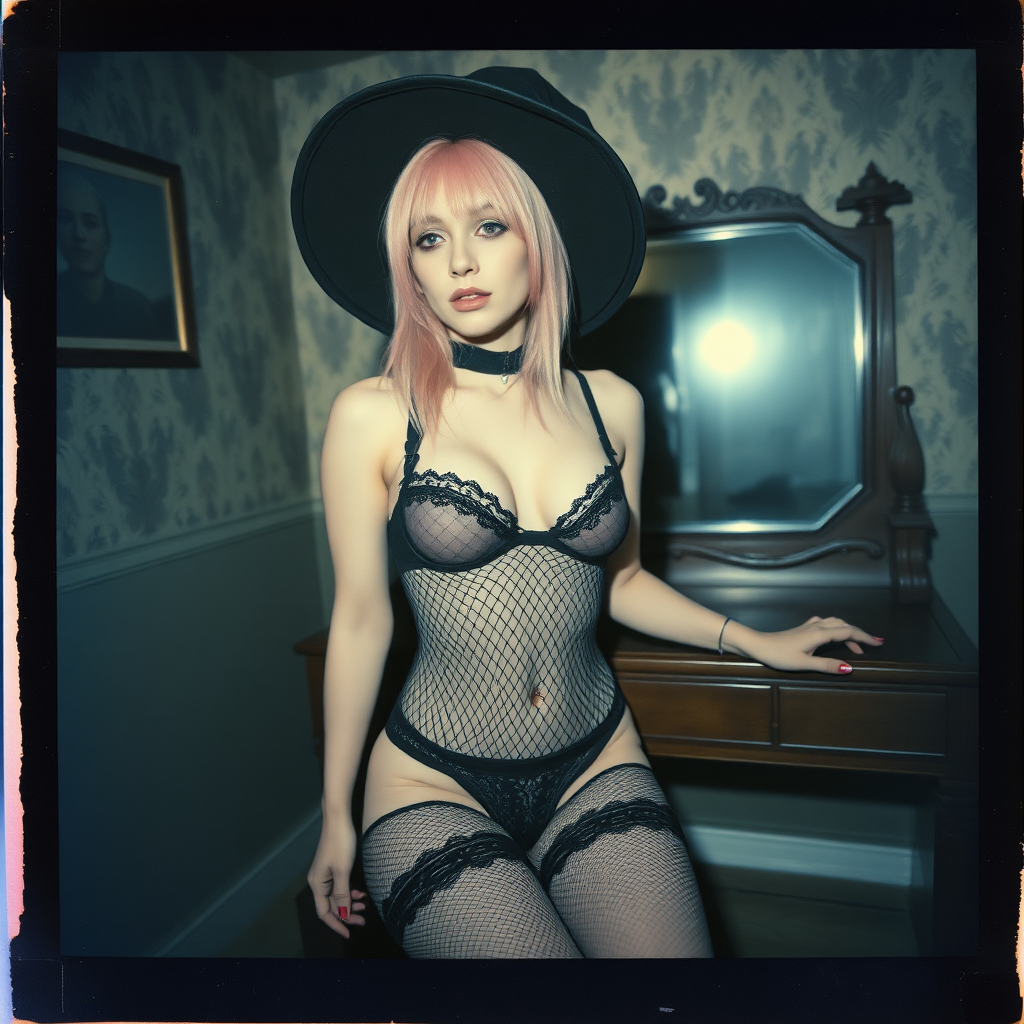 can of an old polaroid photo with heavy dark vignetting and a blue color tint to the photograph and visible light leaks. The photo depicts a sexy alt goth girl with pale skin and pink hair. She has large breasts with ample cleavage and is wearing a black fishnet bodysuit. She is wearing a witch hat. The image looks hazy and grungy. She is in an old house with wallpaper on the walls. Dark lighting with camera flash used. Candid. She is wearing a black lace thong. She is sitting on a builtin vanity with a mirror with her knees spread apart.