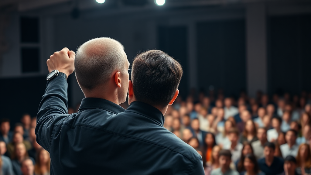 an image expressing leadership or influence, a man enthusiastically addressing an audience, his back to the camera, the side of his face shown, his hand in fist position, the audience blurred in front of him, cheering for him, a big crowd, stock photo, white lighting, the man is a bit far from the camera