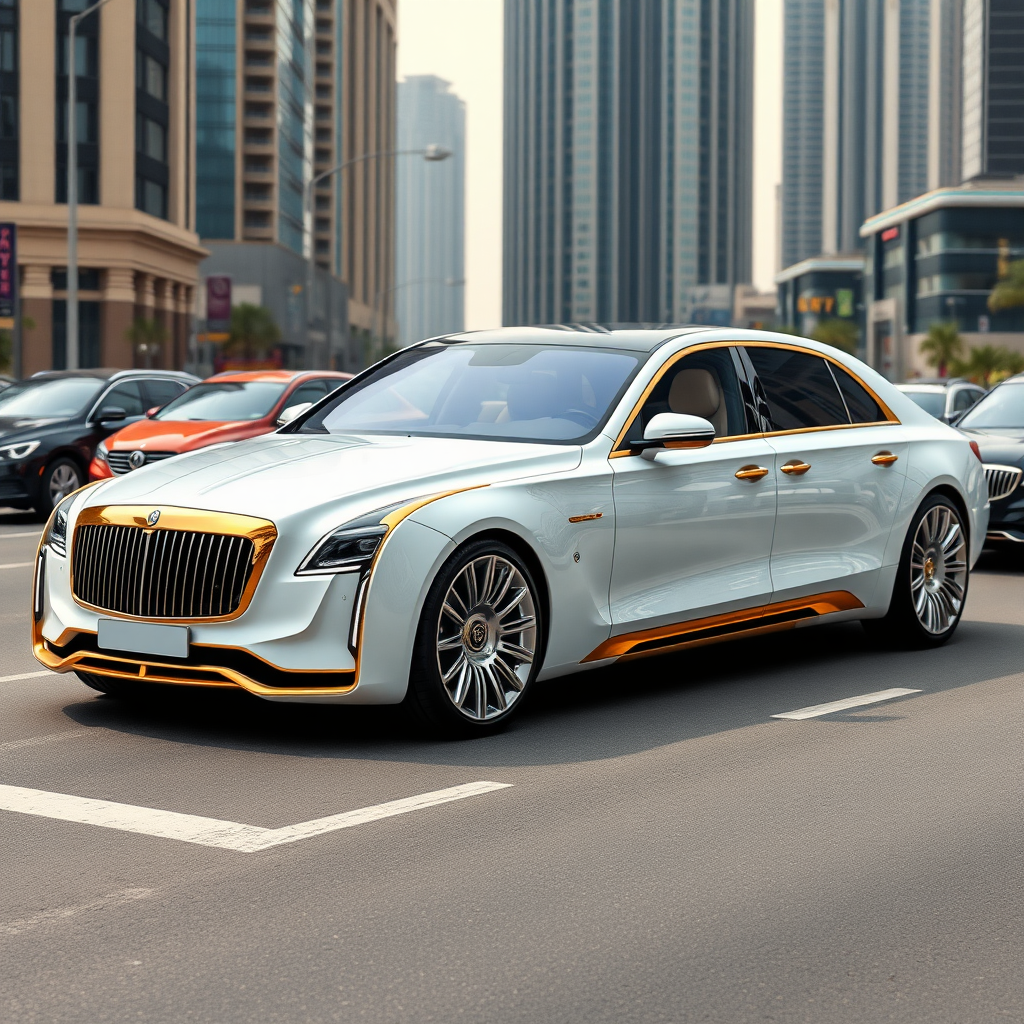 A photo of a futuristic Maybach designed sedan with 4 doors. The car is white with golden ornamentation. The car is parked on a street in Dubai with heavy traffic. The background contains skyscrapers.