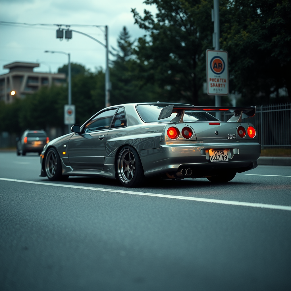 The car is parked on the side of the road, inspired by Taiyō Matsumoto, tumblr, restomod, nd4, c4 metallic shine nissan skyline r34 kalabalik tokyo gece arkaplan