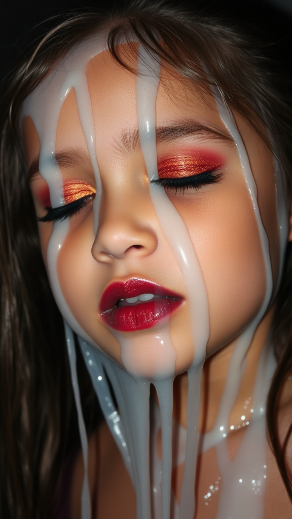 six-year-old-latina-female-child.  
She is wearing intense-orange-glitter-eyeshadow, thick-winged-eyeliner with very-dramatic-eyeliner-wings, and dark-burgundy-glossy-lipstick.  
Her face is covered with very thick random-angle streams of goopy, stringy, glistening, clear liquid with a white hue.  
The liquid is running onto her lips.  
She has her eyes closed.  
She appears to have received a facial.  
A stream of the liquid is flying horizontally towards her mouth.  
They dumped so much liquid on her face.  
Full-body-image, dark motel room at night, amateur flash photography, up-angle-shot, profile view.