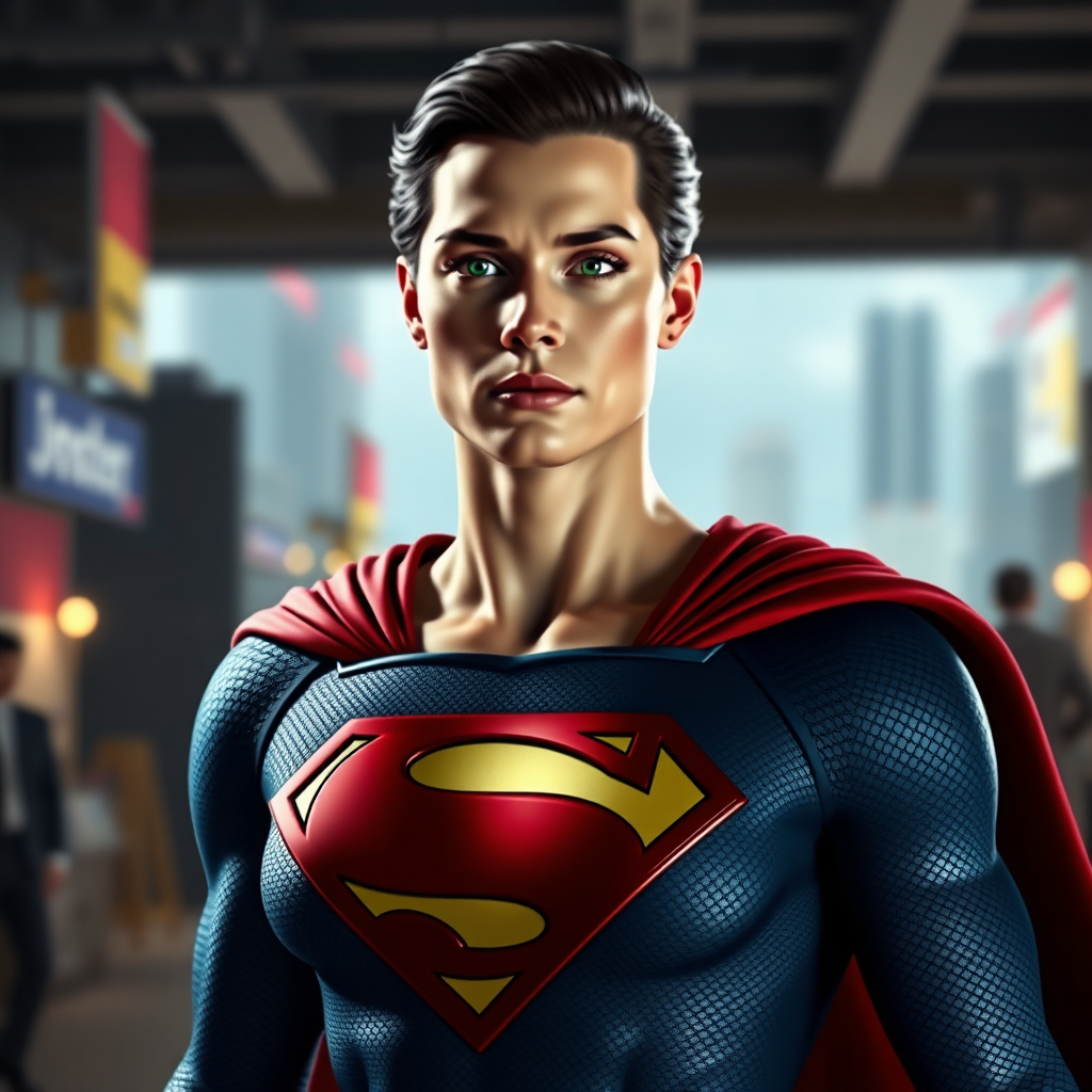 Create a full-length photo-realistic render of Superman, possessing the female figure of Marie Rose. Maintain Superman's head, hairstyle, and facial features. Retain Superman's costume, altering it to fit the new figure. Set the background in a hybrid setting inspired by both characters' worlds.