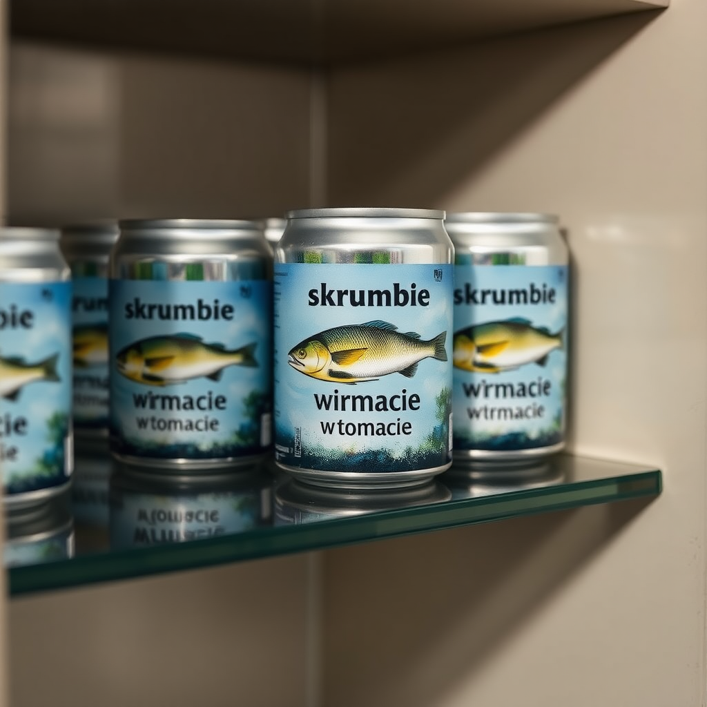 a small shelf with cans that have an image of fish on the label and text saying "skrumbie w tomacie", the text should be "skrumbie w tomacie", with no errors