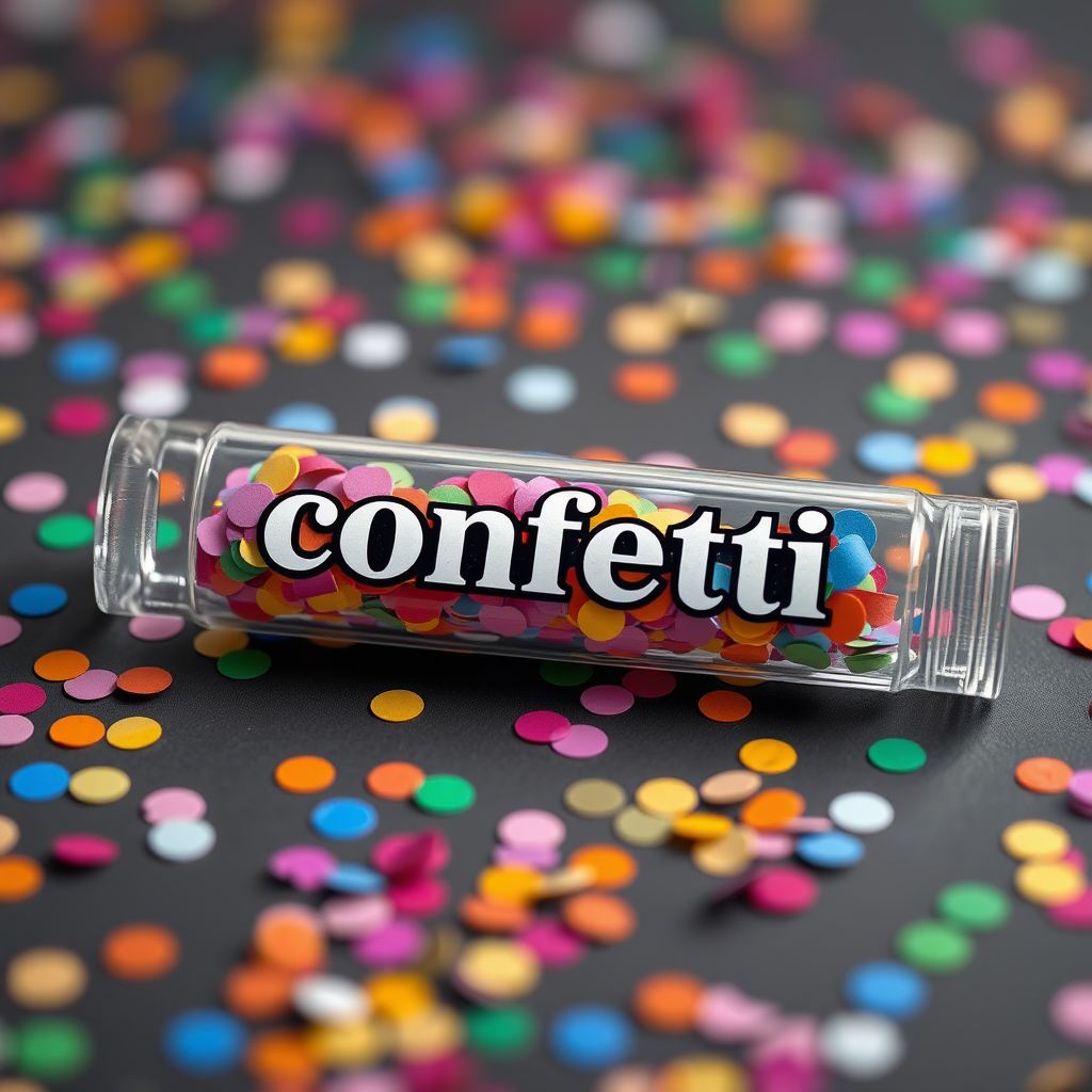 A photo of a glass fat transparent plain uniform confetti popper tube with colorful confetti inside and with text "confetti" on it, lying flat at an angle, with confetti around it, distant confetti blurred, white bold text with a black border, reflections on the tube glass, tube closed from both ends.