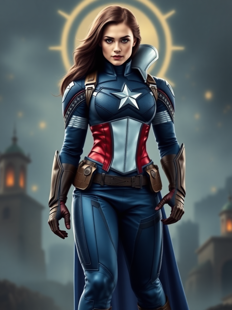 Create a full-length rendered image of Captain America, using the female figure of Snow White for the body. Retain Captain America's head, hairstyle, and facial features. Integrate elements of Snow White's costume into Captain America's attire, adjusting it to fit the new proportions. Design the background inspired by both characters, incorporating iconic symbols and settings that reflect their worlds, merging the heroic and fairytale atmospheres seamlessly. Ensure the image captures the strength of Captain America alongside the whimsy and charm of Snow White, resulting in a unique and visually striking character fusion.