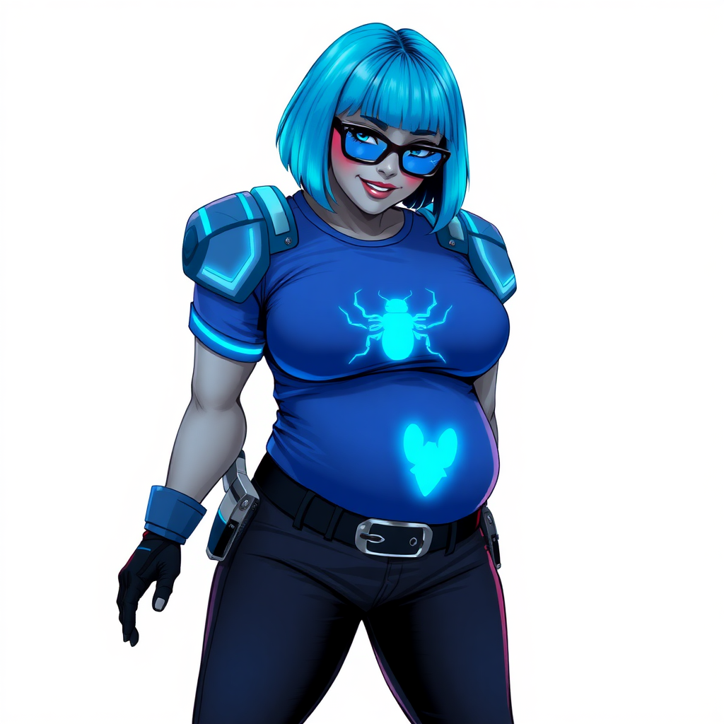 A 28-year-old, full-figured, metallic middle gray skinned cyberpunk computer program hybrid with a short maximum blue bob cut. She has a non-athletic build, highlighted by a prominent, round midsection (with a focus on her round belly). As a digital sidekick to her cyberpunk vigilante boyfriend, her middle gray metallic skin and maximum blue lipstick emphasize her digital nature. She wears a digital, computerized, costume consist of a huge, tight-fitting, neon blue glowing armored, maximum blue t-shirt (accentuating her belly) with a neon blue glowing chest icon of a beetle, black pants, a black belt with a neon blue glowing digital beetle buckle, and black hi-tech gloves. Her bright blue eyes, black eyeglasses with lenses glowing bright neon blue, and shy smile with neon red blush accentuate her nerdiness. She bashfully bows her head (while still facing the screen) with her hands behind her back, her t-shirt covers her midsection (especially her belly) and emphasizing her full-figured, non-athletic physique. She is on a solid white background. She is drawn as if she was in a retro 2D cyberpunk fighting game. She is clearly non-athletic, with a focus on her full figure. Make sure her outfit covers all of her bare skin (especially her midsection).