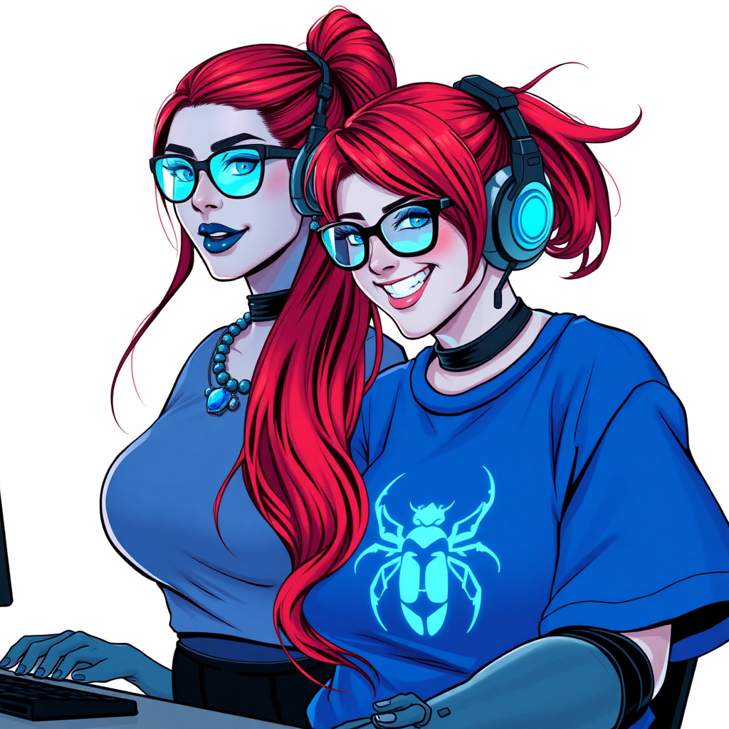 A cyberpunk vigilante’s full-figured intelligent and tech-savvy 29-year-old girlfriend, who is a computer hacker and tech genius. She has a long ruby red ponytail and bright blue eyes. She wears maximum blue lipstick, a sapphire beetle gemstone necklace, sapphire earrings, black eyeglasses, hi-tech metal arm armor, and an oversized maximum blue t-shirt featuring a neon blue glowing icon of a scarab beetle on its chest. She has a full-figured physique with a giant, round midsection, reflecting her well-cared-for lifestyle. She sports a sapphire headset with a hi-tech maximum turquoise lensed HUD, and a beaming smile with a passionate bright red blush. She serves as his tech expert from his hideout, diligently working at her lab table and computer desk. The background is solid white. She is drawn as if she was in a retro 2D cyberpunk fighting game.