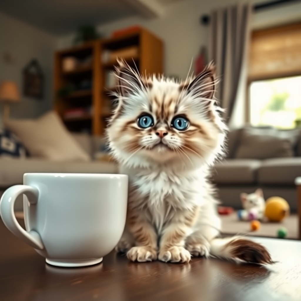 A tiny Himalayan-Persian cat, no more than 7 cm tall and 19 cm long, sitting next to a regular-sized coffee cup for scale. The cat has fluffy, cream-colored fur with darker points on its ears, paws, and face. Its large, bright blue eyes give it an adorable and curious expression. The background is a cozy living room with warm lighting, a soft sofa, and some cat toys scattered around. The atmosphere is inviting and calm, with a soft, natural light coming through a window.