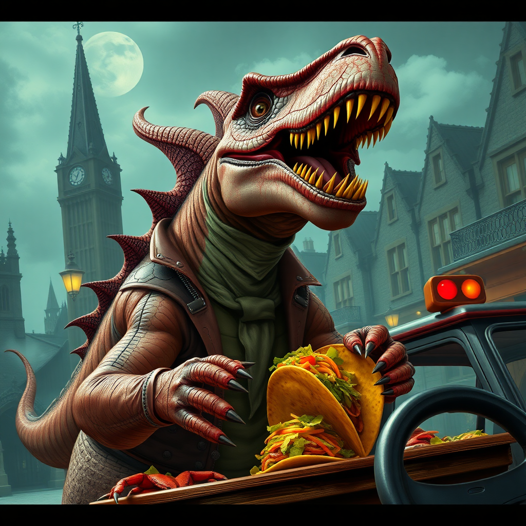 A vampire dinosaur selling tacos in Victorian England, tacky, grand theft auto, crabs,