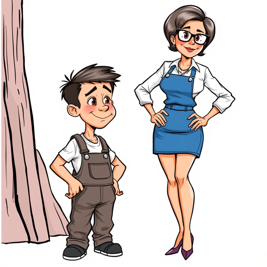 20 year old european skinny boy wearing work overalls is blushing excited while listening to a towering 55 Years old, European, Latina, sharp aquiline nose, wrinkles, high cheekbones, Middle Eastern, Skinny, Tanned skin, Dark light skin, Rounded Medium breasts, Skinny thighs, full Makeup, jewelry, Serious face, Sharp nose, blushing, Ash hair, short bowl haircut, Brown eye color, Glasses, with detailed features. Hands on hips; She is watching the boy, she is wearing a white shirt and a blue skirt, detailed fabric. full body, high heels sandals, long establishing shot, 2D, caricature, cartoon, Sketch lines, coloring book, nlack and white, coloring book style on white background, well composed, clean coloring book page, No dither, no gradient, strong outline, No fill, No solids, vector illustration.