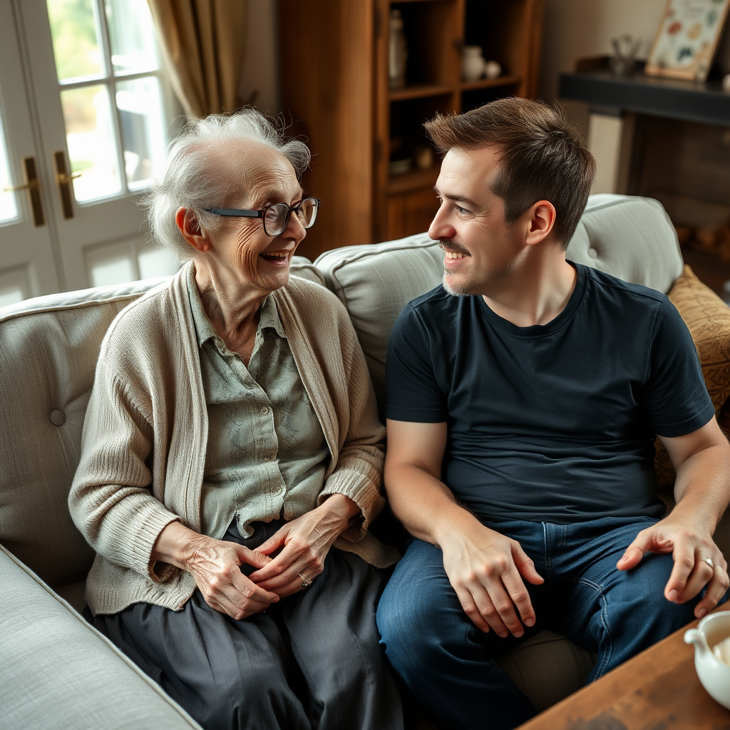 In a scene viewed from an angle and slightly above: In an old-fashioned English living room, a very frail, small and thin, very old and elderly English lady with a kind smile, short, thinning white curly hair, wrinkled face, neck and skin, wearing thin framed glasses, an old cardigan, blouse and long skirt is sitting on a sofa with an English man about 40 years old, grey stubble on his chin, brown hair, sitting close next to her on the same sofa, wearing a black T-shirt and dark blue jeans. The man and woman are smiling at each other. The woman is looking at the man's eyes and smiling. The man is looking at the woman's eyes and smiling.