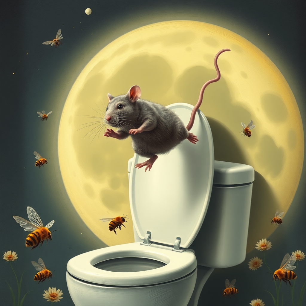 A rat jumping off the moon into a toilet, bees