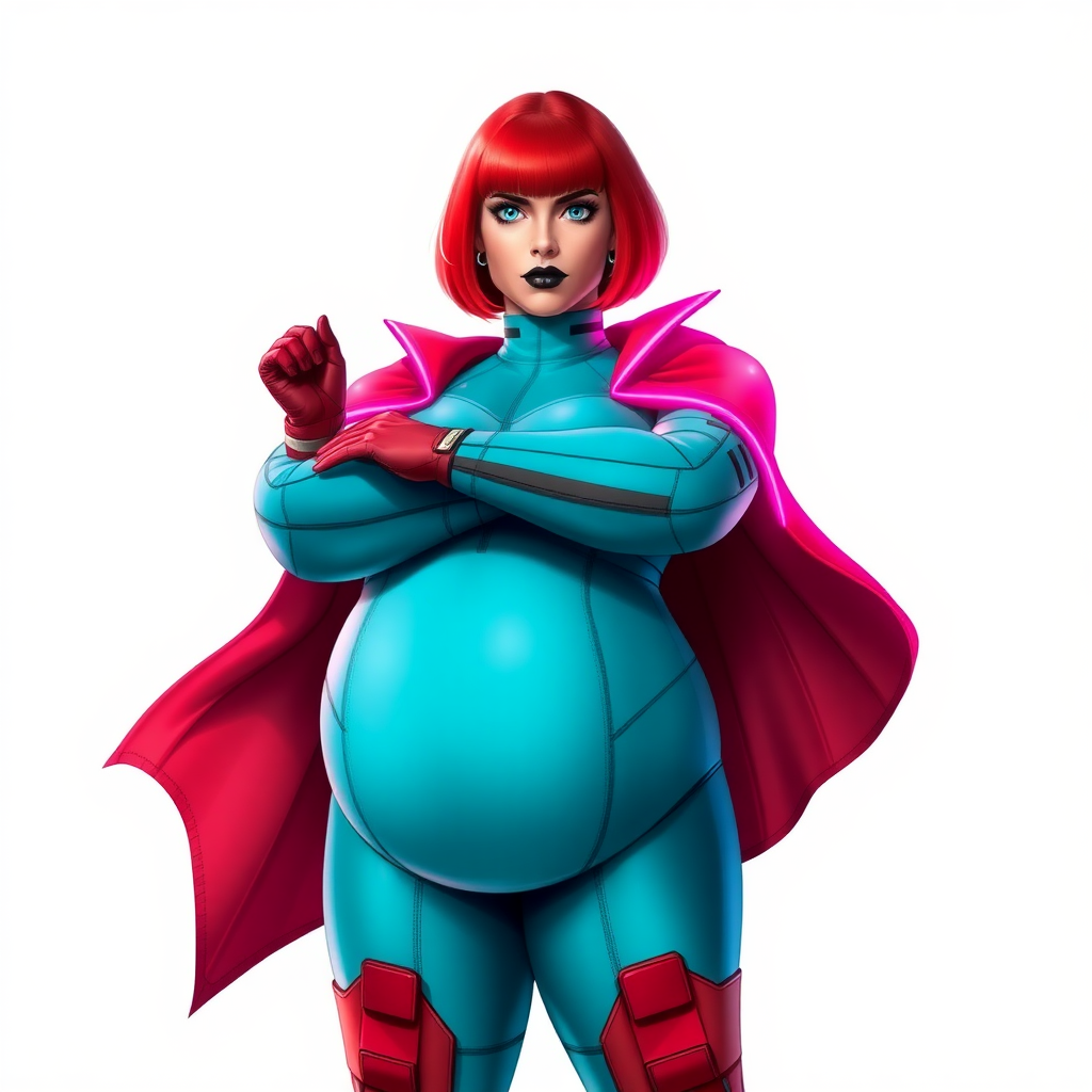 A 26-year-old, heavily pampered, full-figured, mystical vigilante detective ally of her cyberpunk vigilante older brother figure with a bright red bob cut, black lipstick, and piercing bright blue eyes. She has a new non-athletic build, now highlighted by a prominent, round, gargantuan midsection (with the full emphasis on her gargantuan belly), which shows the aftermath of her pampering. Despite her new physique, she displays her usual confidence. She wears a large, high-tech, tight-fitting, maximum turquoise biker suit (accentuating her gargantuan belly), complemented by a glowing neon red cape and high-tech red gloves. Her stance is firm and resolute, arms crossed, exuding a no-nonsense attitude. Her costume reflects the influence of DC New 52 Prime Earth’s Phantom Lady, Jennifer Knight, while her pose embodies the moral ambiguity and determination reminiscent of DC’s Pax Americana’s The Question. She is on a solid white background. She is drawn as if she was in a retro 2D cyberpunk fighting game. She is clearly non-athletic, with a focus on her full-figured physique. Her belly is bloated to emphasize her non-athletic figure. Make sure that her biker suit covers all of her bare skin (especially her gargantuan midsection).