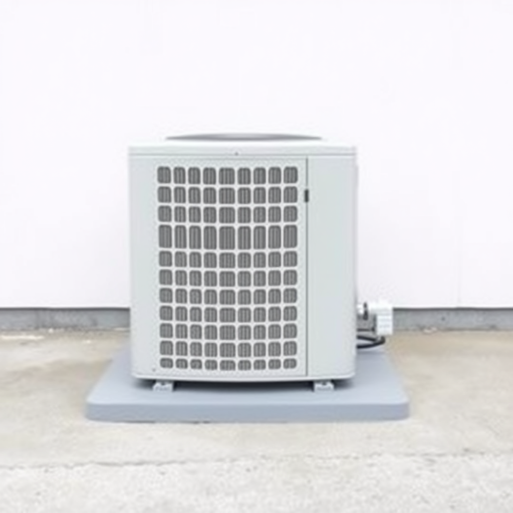 A simple, realistic image of a standard residential outdoor air conditioning unit or condenser. The unit should be placed on a flat surface, such as a concrete pad. The unit should be a neutral color like white, beige, or gray. The image should have a plain, uncluttered background to serve as a generic stock photo. The image should not contain any text.